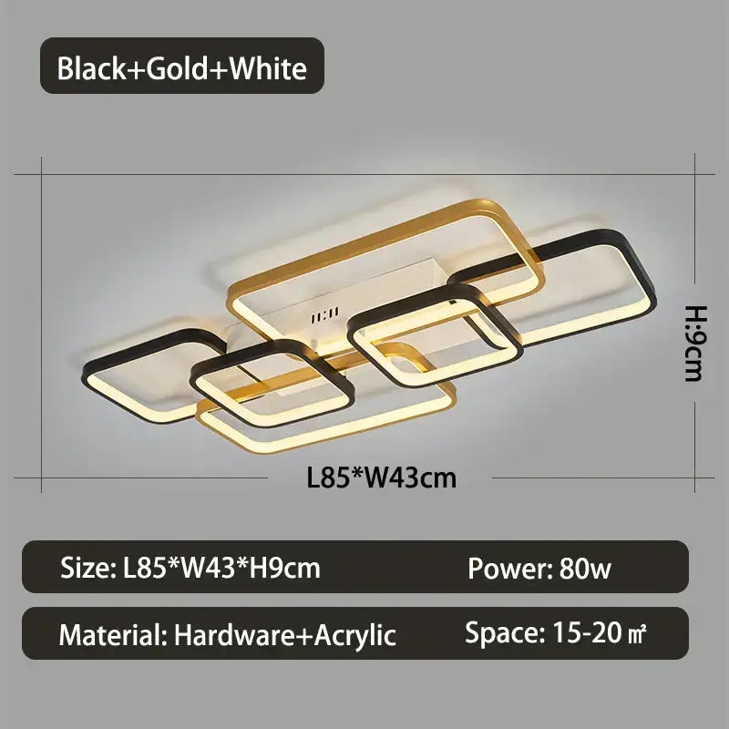 Modern black & gold rectangular decorbites dimmable led ceiling light living room