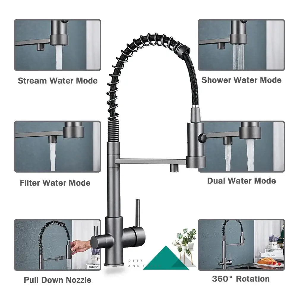 Modern black gold & silver water filter faucet kitchen flexible tap