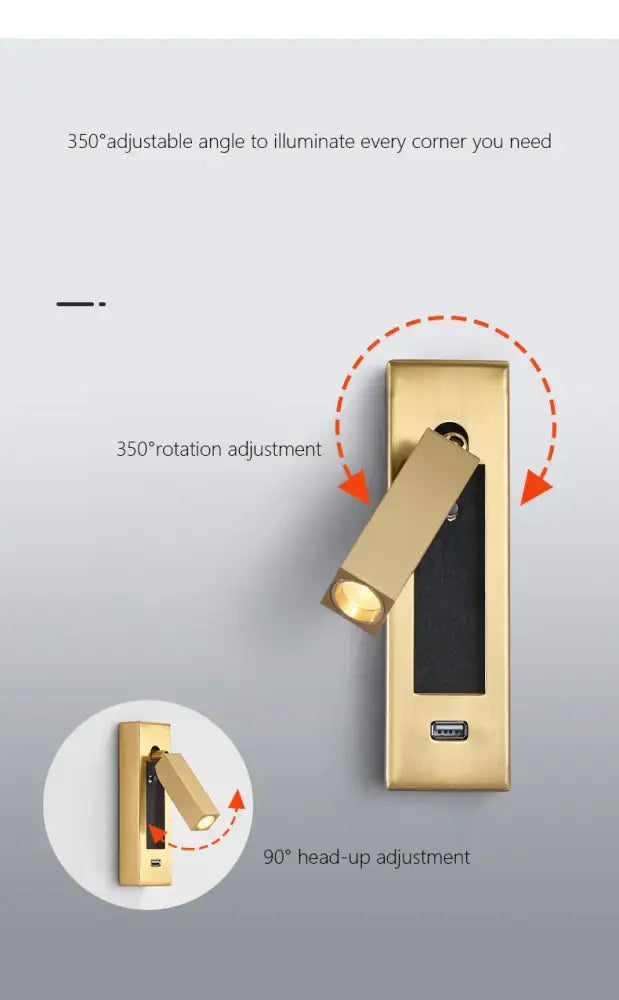 Modern black & gold wall sconce with usb port – bedroom reading light