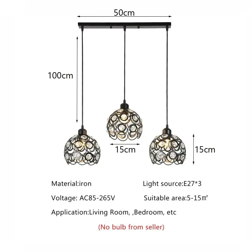 Modern black iron crystal triple pendant lamp for dining room
