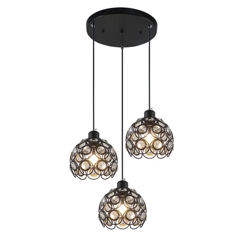 Modern black iron crystal triple pendant lamp for dining room