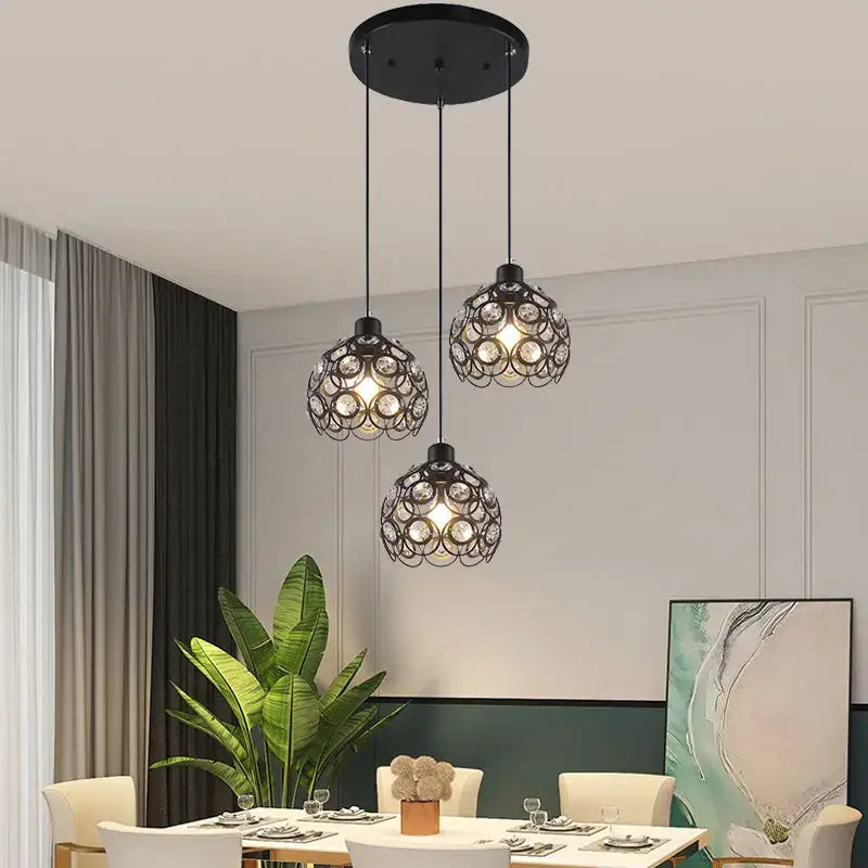 Modern black iron crystal triple pendant lamp for dining room