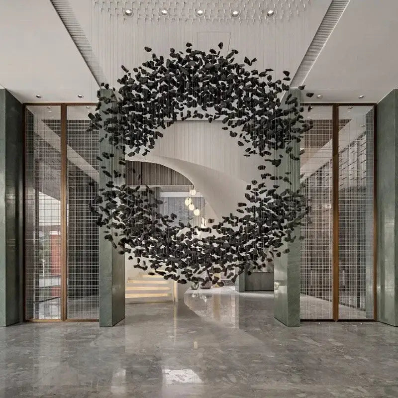Modern black leaf crystal led chandelier staircase pendant light