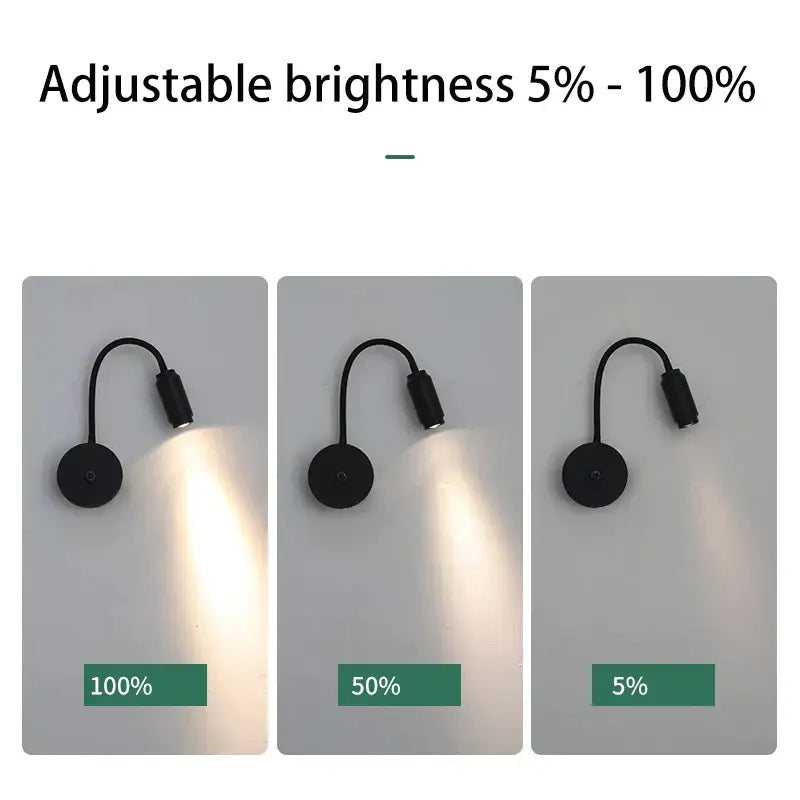 Modern black led wall lamp bedroom adjustable focus gooseneck light