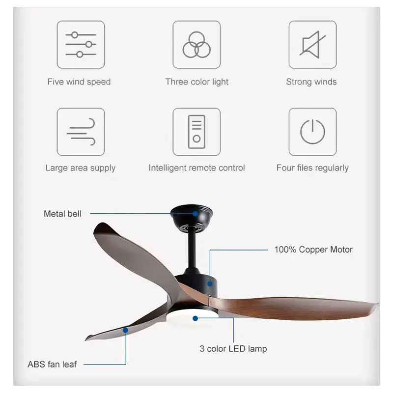 Modern black pure copper ceiling fan with led light and remote control