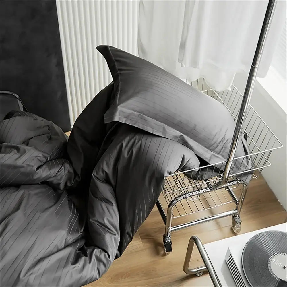 Modern black satin jacquard duvet cover set bedroom bed skirt