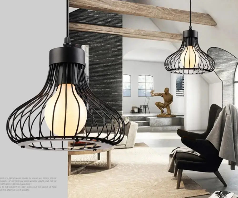 Modern black & white iron cage pendant lights for kitchen decor