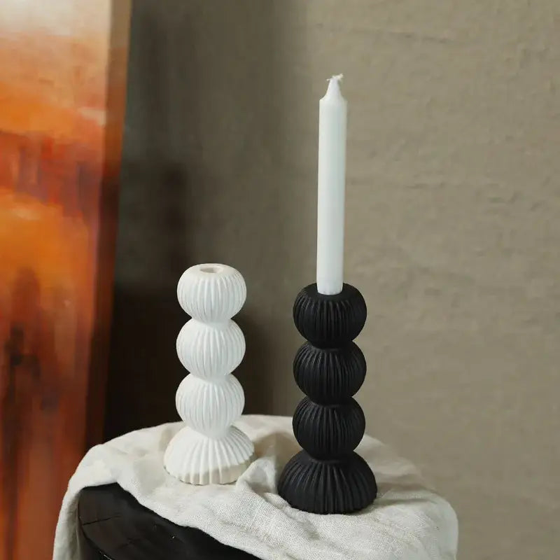 Modern black & white ribbed geometric ceramic candle holder living room