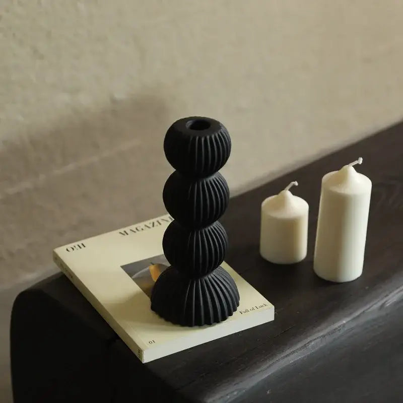 Modern black & white ribbed geometric ceramic candle holder living room
