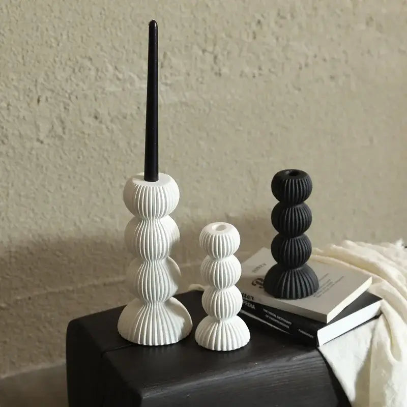 Modern black & white ribbed geometric ceramic candle holder living room
