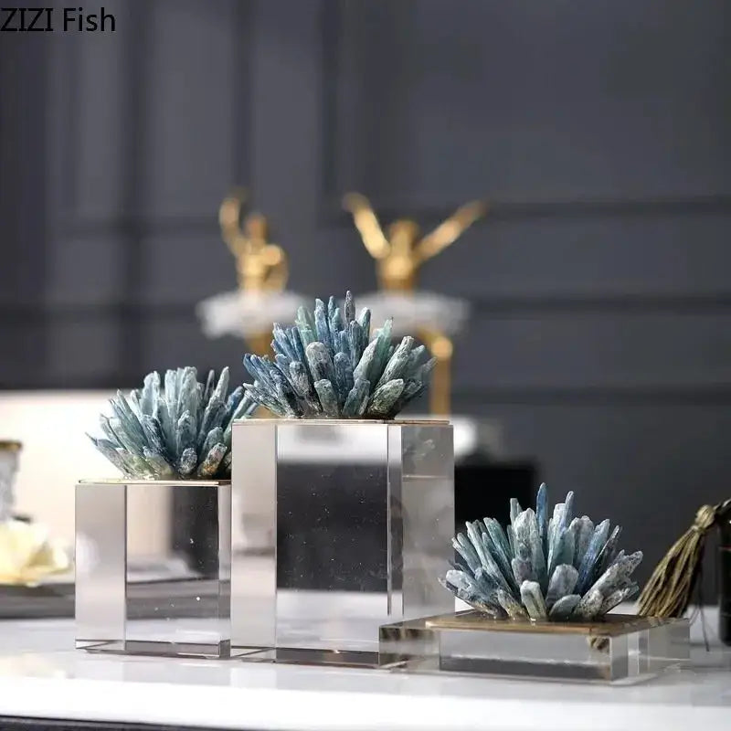 Modern blue crystal flower marble base sculpture living room decor