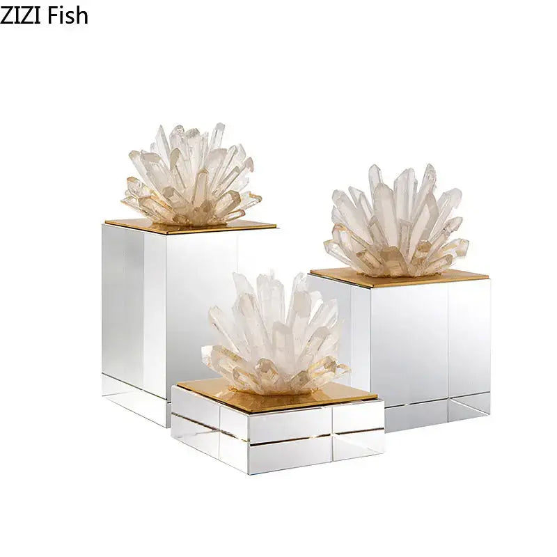 Modern blue crystal flower marble base sculpture living room decor