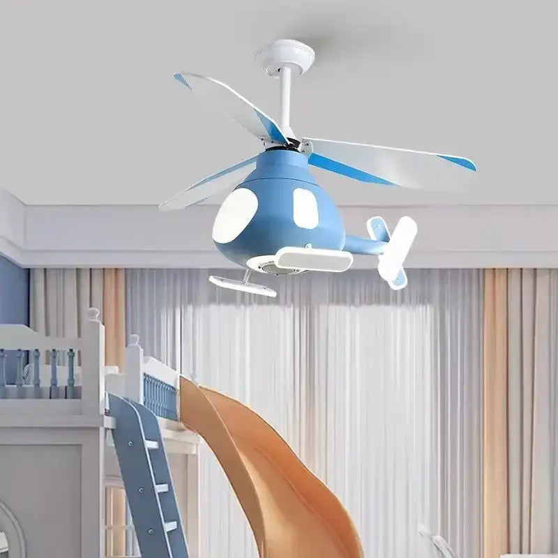 Modern blue & white helicopter ceiling fan with led light bedroom