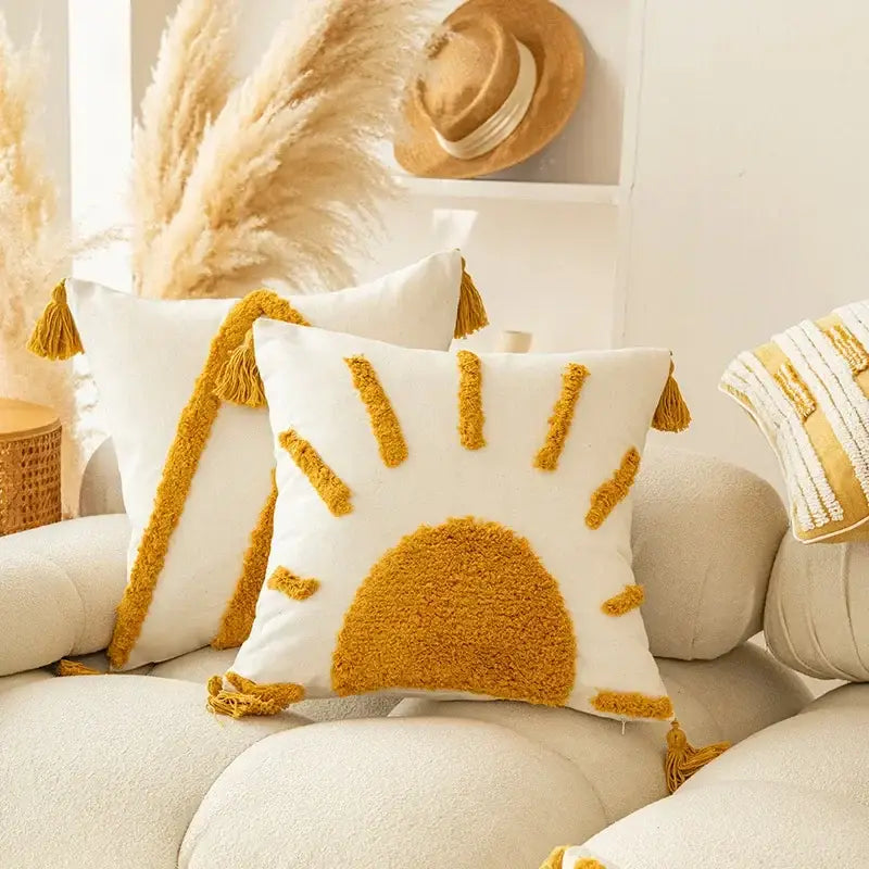 Modern boho mustard & white geometric tufted tassel cushion cover living room