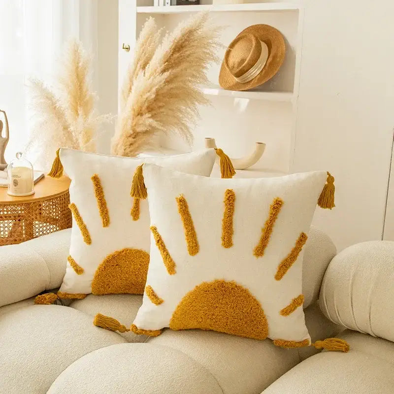 Modern boho mustard & white geometric tufted tassel cushion cover living room