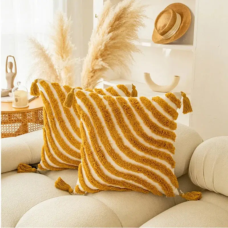 Modern boho mustard & white geometric tufted tassel cushion cover living room