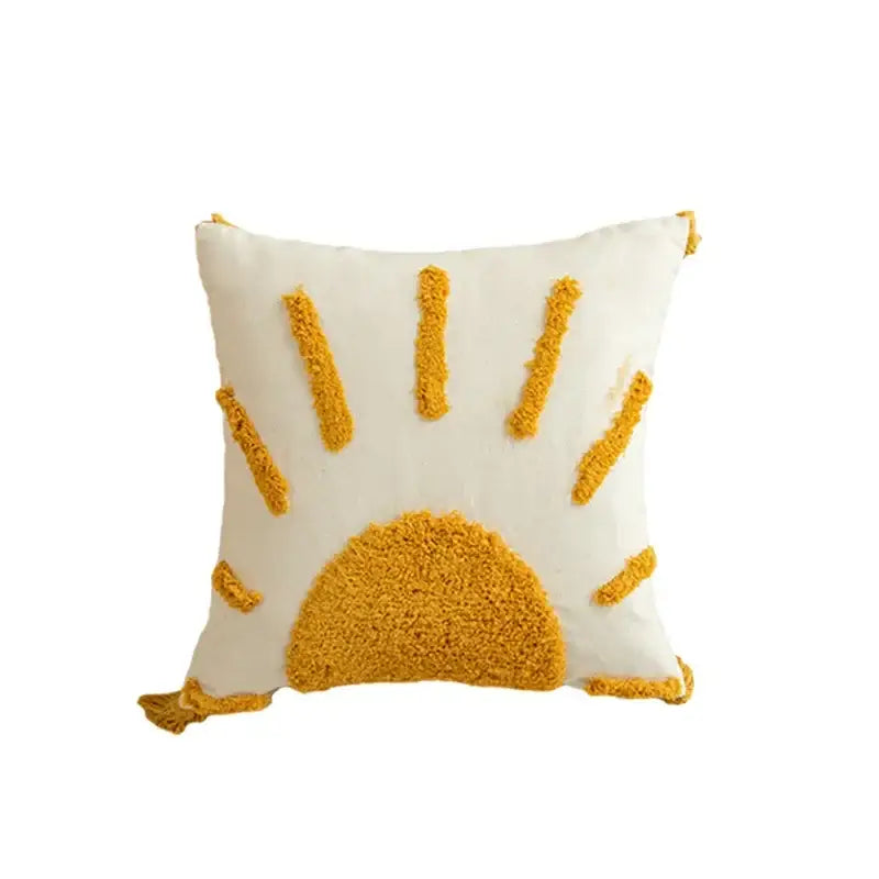 Modern boho mustard & white geometric tufted tassel cushion cover living room