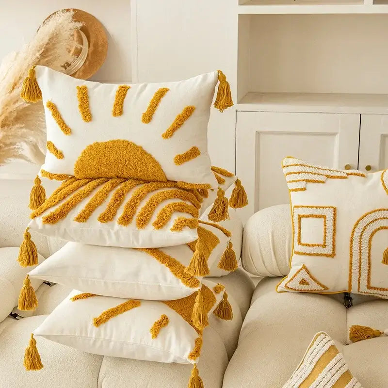 Modern boho mustard & white geometric tufted tassel cushion cover living room