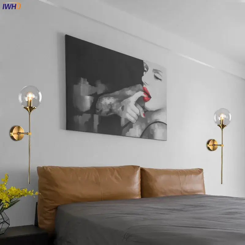 Modern brass and amber decorbites glass ball wall lamp for bedroom
