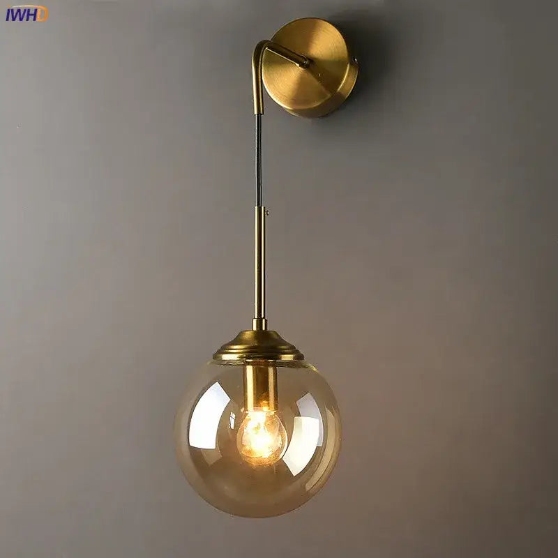 Modern brass and amber decorbites glass ball wall lamp for bedroom