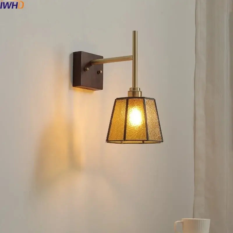 Modern brass and amber glass copper led wall lights bedroom sconce