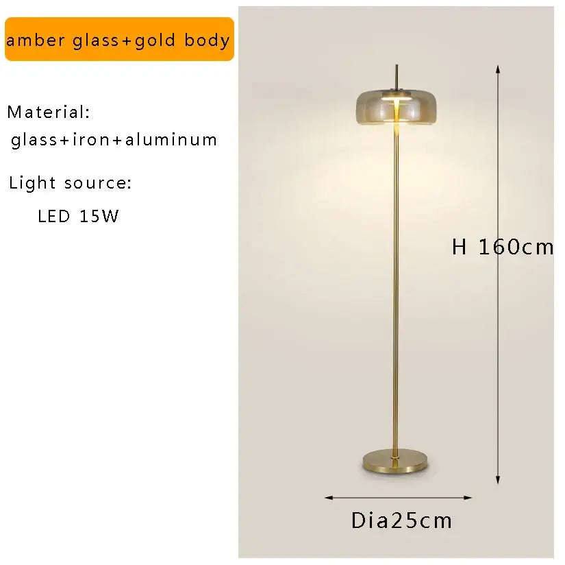 Modern brass and amber glass led floor lamp living room lighting