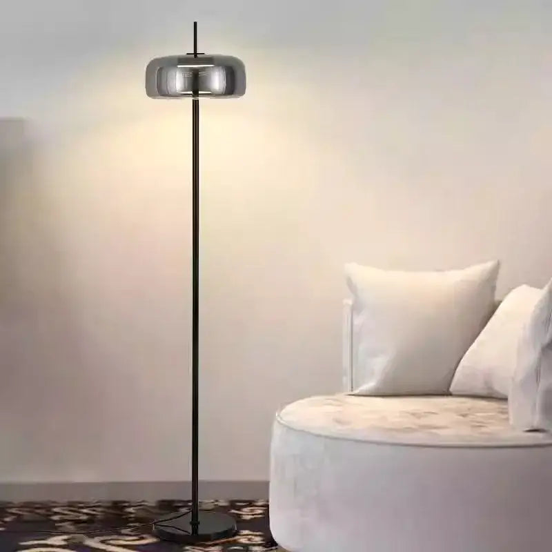 Modern brass and amber glass led floor lamp living room lighting
