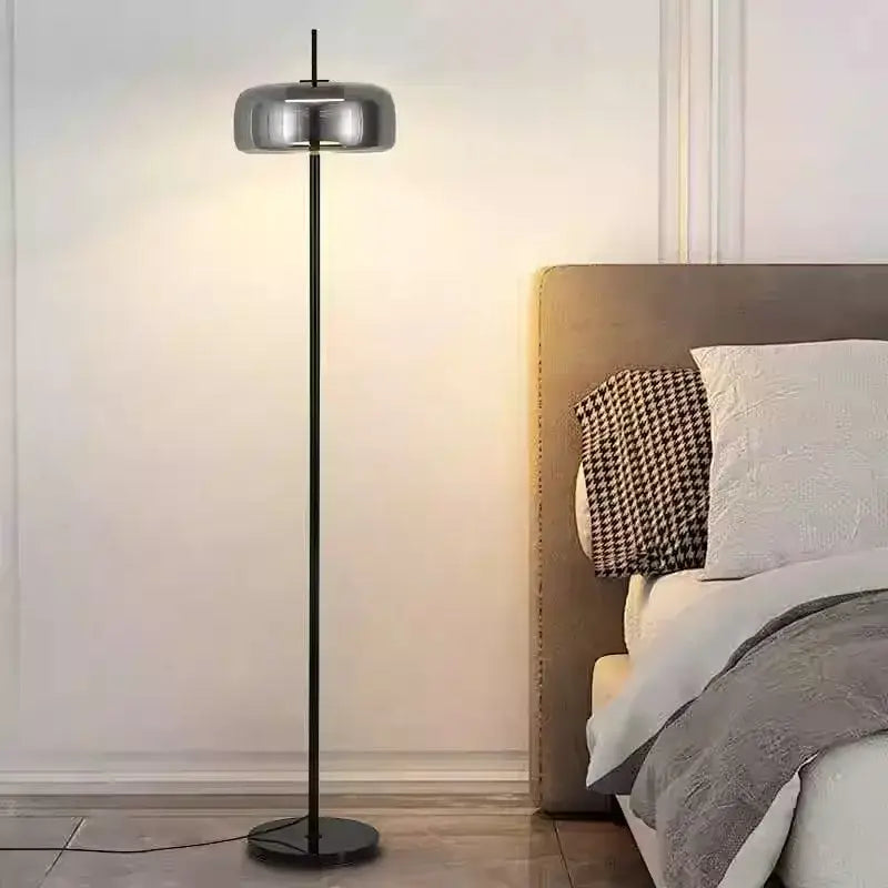 Modern brass and amber glass led floor lamp living room lighting