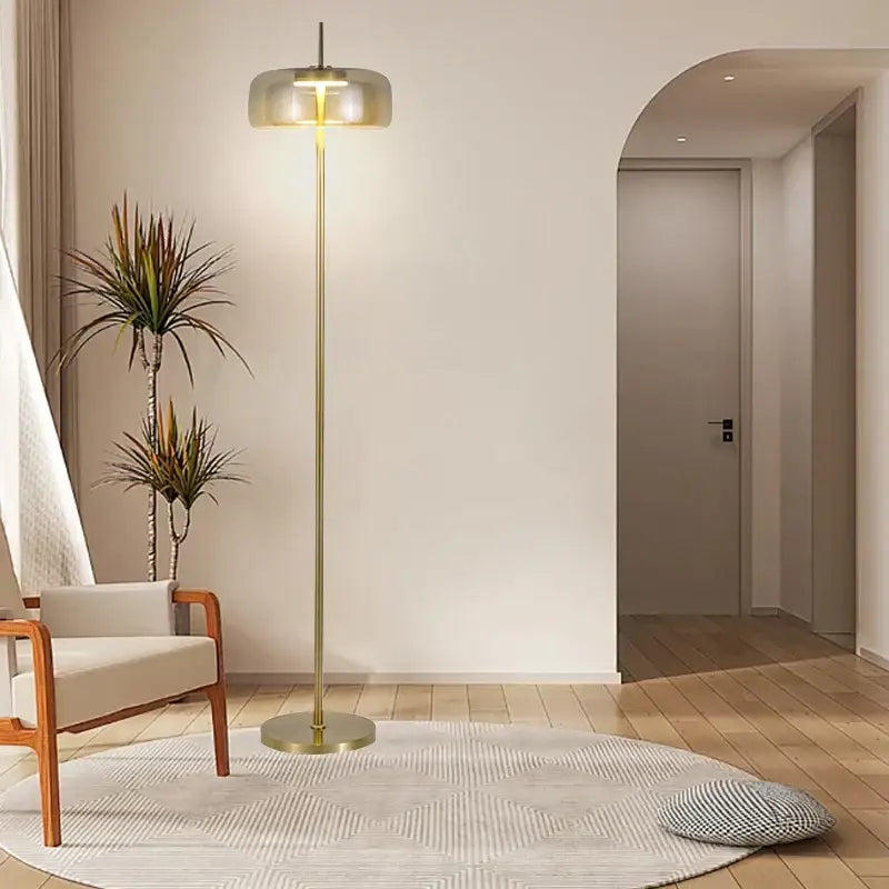 Modern brass and amber glass led floor lamp living room lighting