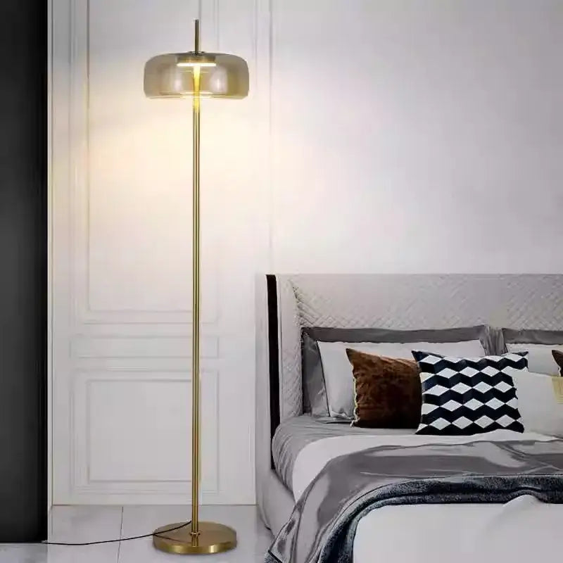 Modern brass and amber glass led floor lamp living room lighting