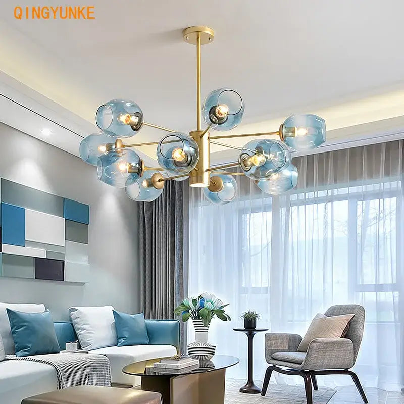 Modern brass and blue glass iron ball chandeliers for dining room