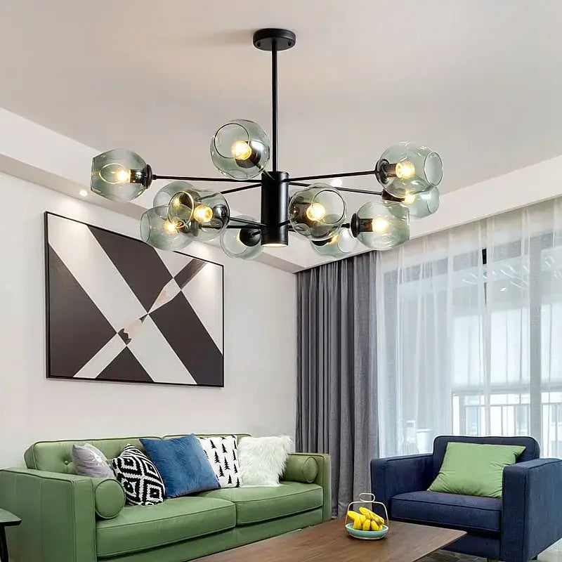 Modern brass and blue glass iron ball chandeliers for dining room