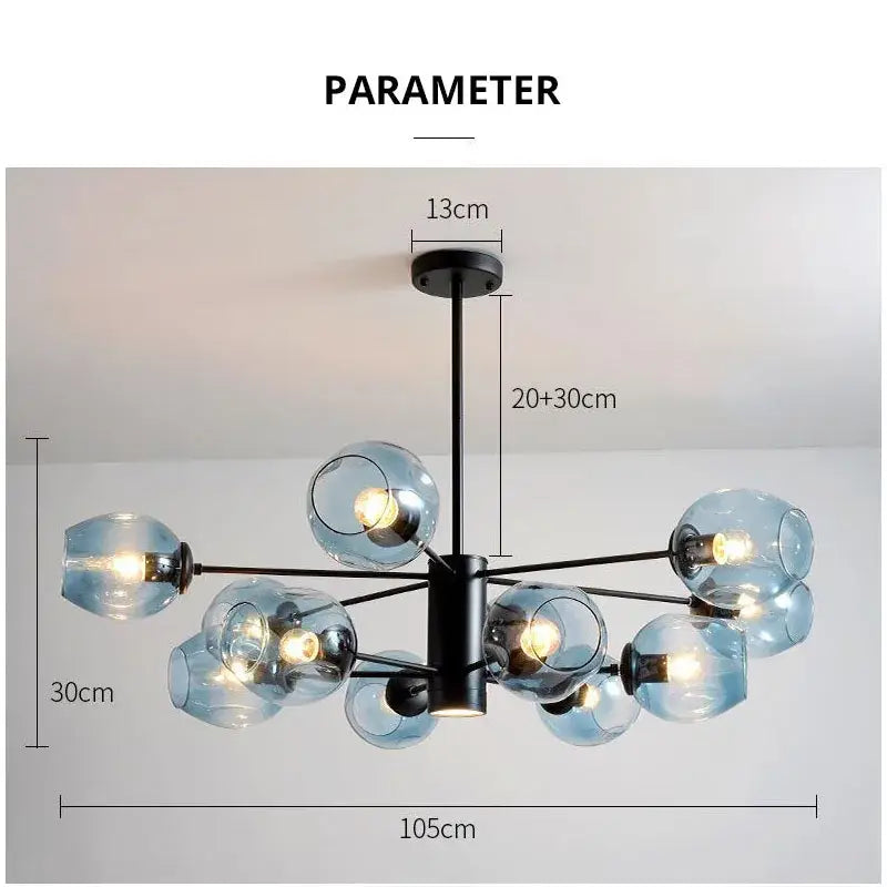 Modern brass and blue glass iron ball chandeliers for dining room