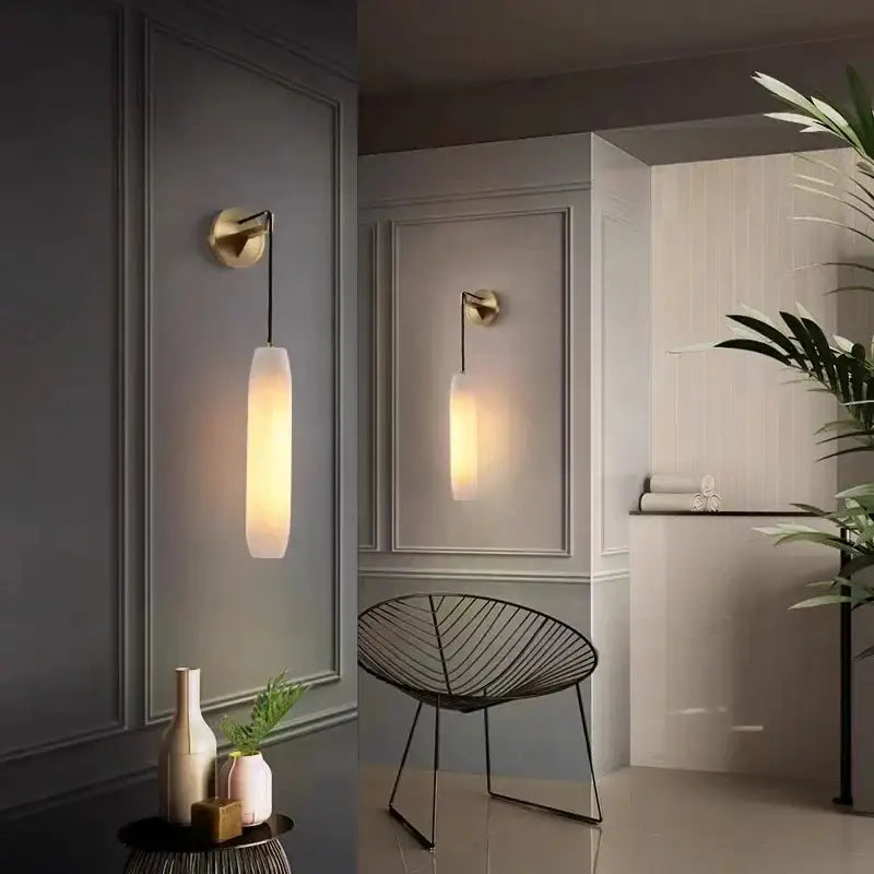 Modern brass and marble wall lamp bedroom sconce with frosted glass