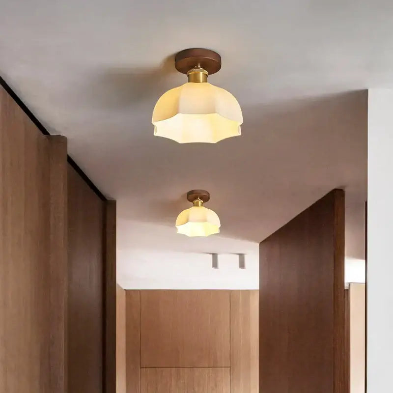 Modern brass and wood led ceiling light bedroom frosted glass lamp