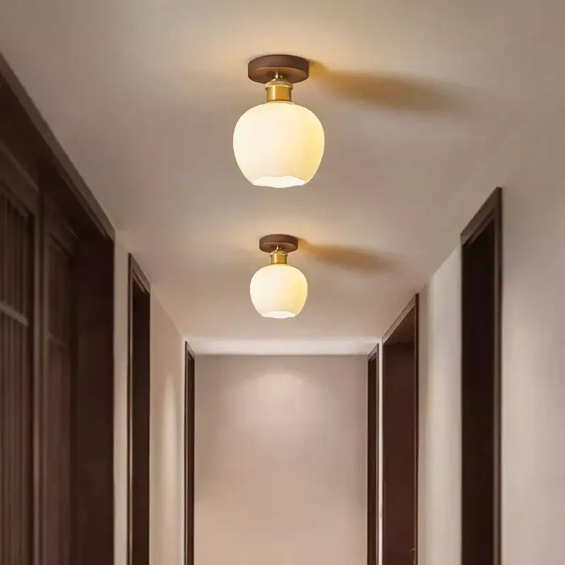 Modern brass and wood led ceiling light bedroom frosted glass lamp