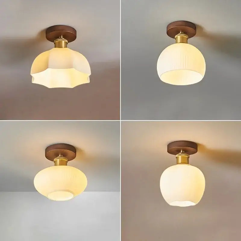 Modern brass and wood led ceiling light bedroom frosted glass lamp