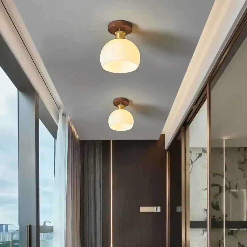 Modern brass and wood led ceiling light bedroom frosted glass lamp