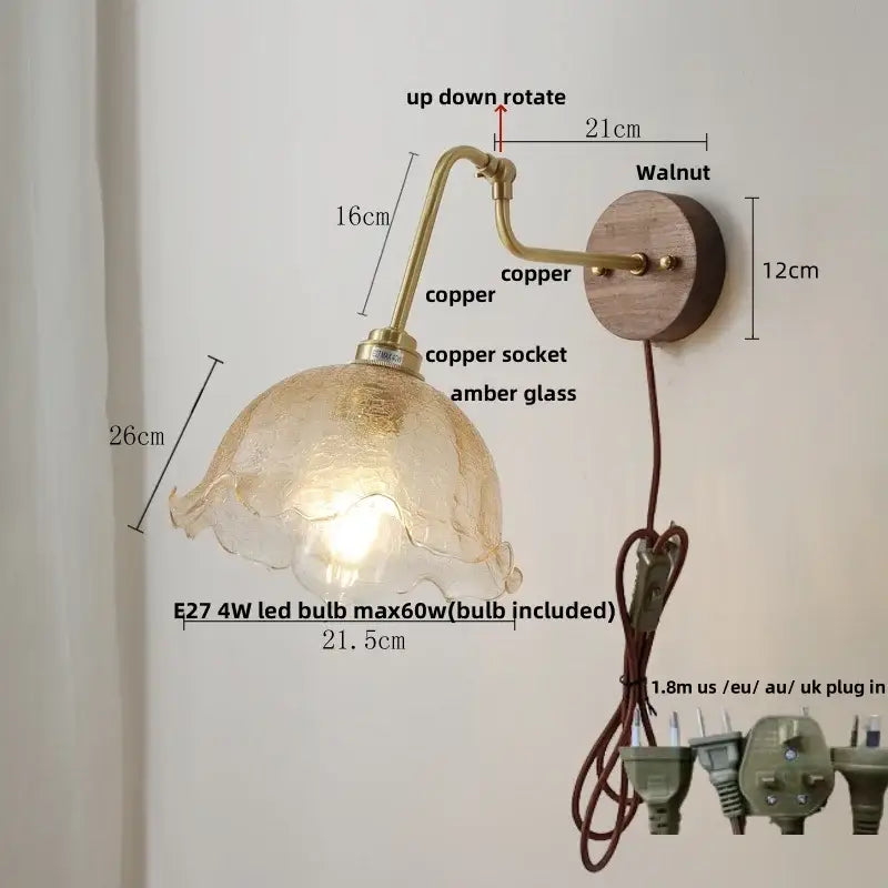 Modern brass and wood wall sconce amber led bathroom light