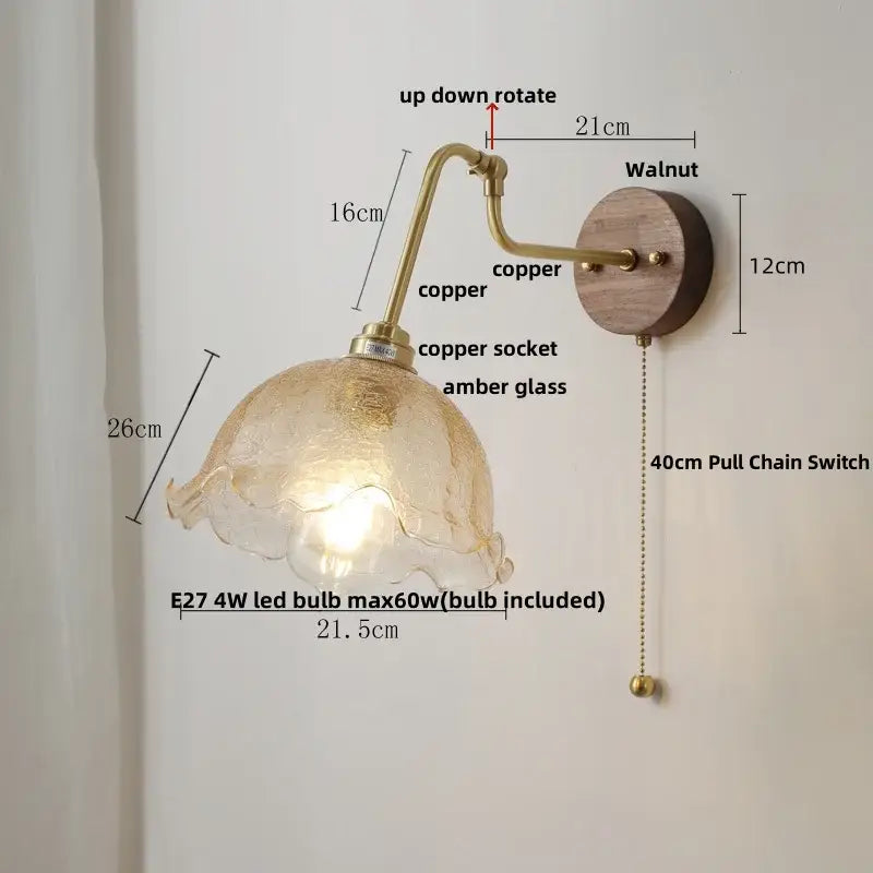 Modern brass and wood wall sconce amber led bathroom light