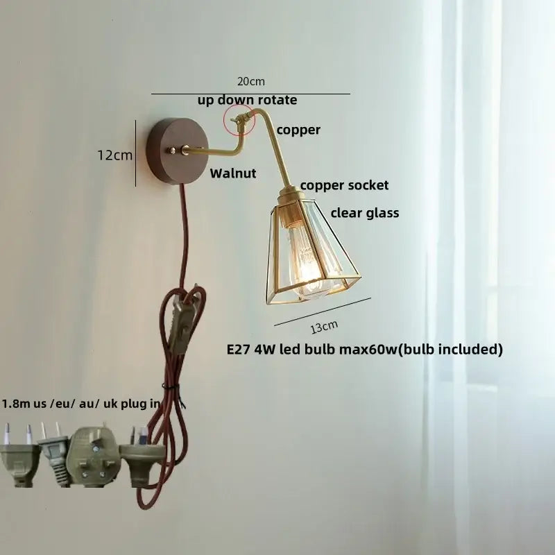 Modern brass and wood wall sconce amber led bathroom light