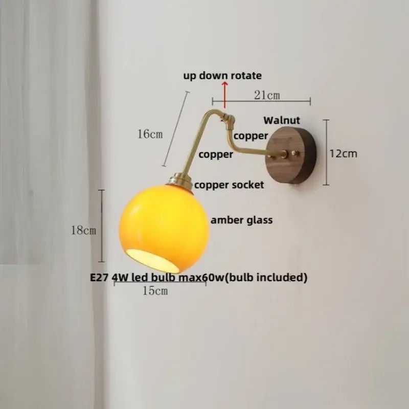 Modern brass and wood wall sconce amber led bathroom light