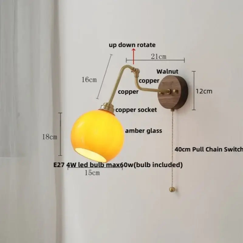 Modern brass and wood wall sconce amber led bathroom light