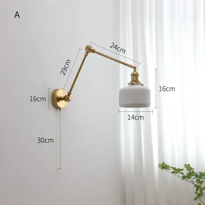 Modern brass copper swing arm wall sconce with ribbed glass bedroom light