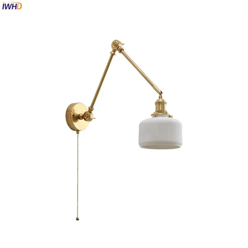 Modern brass copper swing arm wall sconce with ribbed glass bedroom light