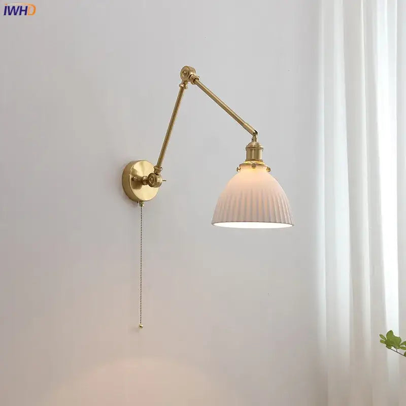 Modern brass copper swing arm wall sconce with ribbed glass bedroom light