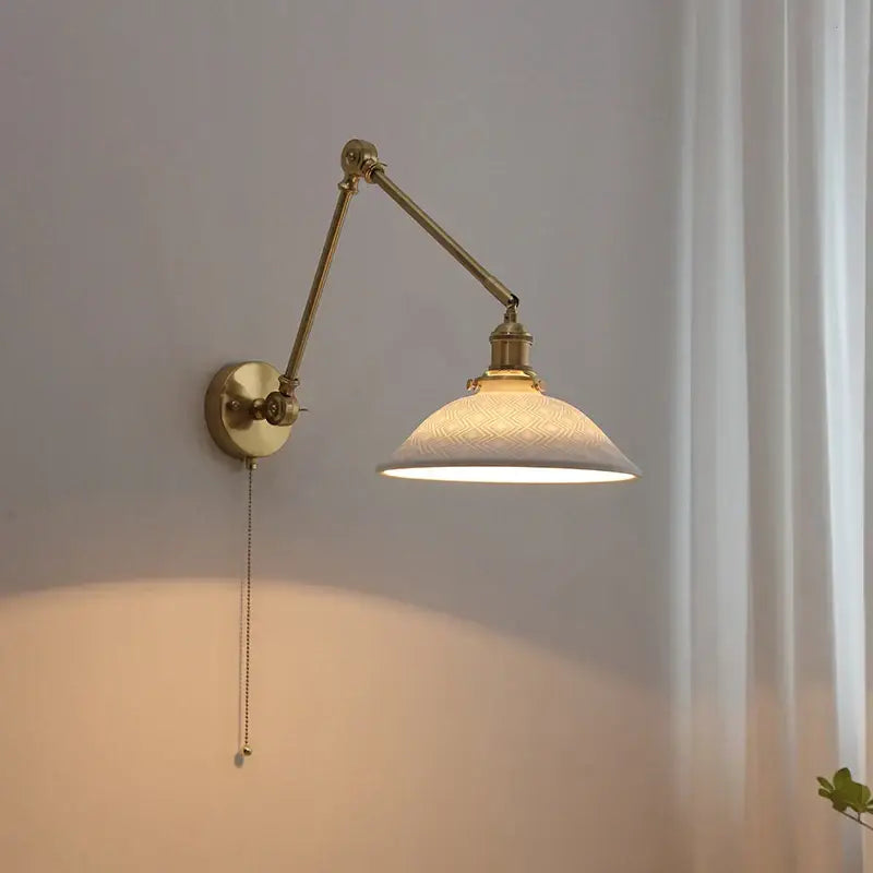 Modern brass copper swing arm wall sconce with ribbed glass bedroom light