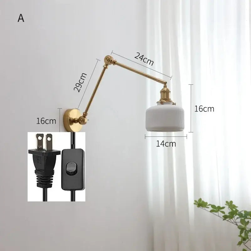 Modern brass copper swing arm wall sconce with ribbed glass bedroom light