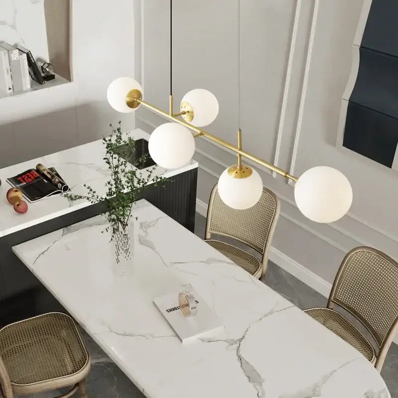 Modern brass five globe pendant light golden glass ball dining room