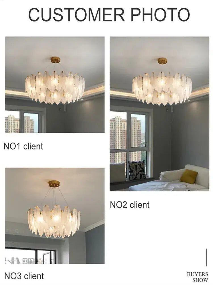 Modern brass glass feather chandelier for dining room